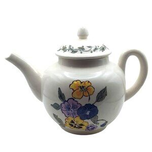 Vintage Handpainted Ceramic Pansy Floral Teapot W/ Lid Spring 1970s Cottage